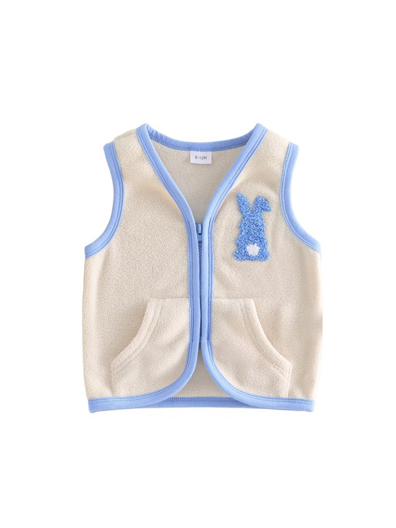 Toddler Baby Boy Girl Easter Thin Fleece Vest Jacket Infant Boy Spring Fall Winter Clothes Zip Collar Bunny Embroidery Sleeveless Jacket Pocket