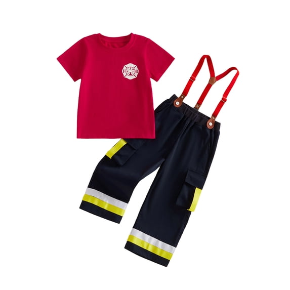 RUINIXCW Toddler Baby Boy Girl Firefighter Outfit Summer Clothes Kids Firefighter Costume Short Sleeve T-shirt Suspender Pants Overalls Halloween Birthday Outfits