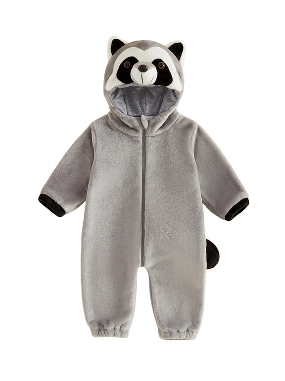 Toddler Baby Boy Girl Halloween Raccoon Costume Cosplay Outfit Infant Fall Winter Clothes Snowsuit Fleece Jumpsuit Long Sleeve Hooded Romper