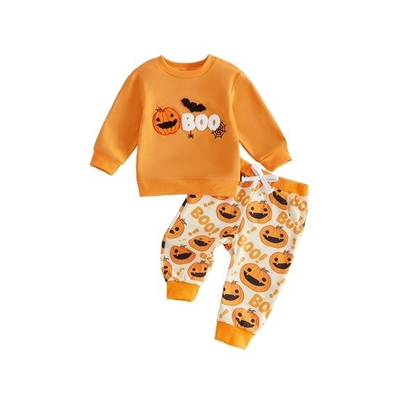 RUINIXCW Toddler Baby Boy Girl Halloween Outfit Infant Baby Boy Girl Fall Winter Clothes Pumpkin Bat Embroidery Long Sleeve Sweatshirt with Pants Set