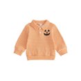 thumbnail image 1 of RUINIXCW Toddler Baby Boy Girl Halloween Shirts Outfit Infant Baby Boys Girls Fall Sweatshirt Clothes Pumpkin Grimace Ghost Long Sleeve Waffled Striped Lapel Half Button Pullover Shirt Tops, 1 of 9