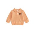 thumbnail image 1 of RUINIXCW Toddler Baby Boy Girl Halloween Shirts Outfit Infant Baby Boys Girls Fall Sweatshirt Clothes Pumpkin Grimace Ghost Long Sleeve Waffled Striped Lapel Half Button Pullover Shirt Tops, 1 of 9
