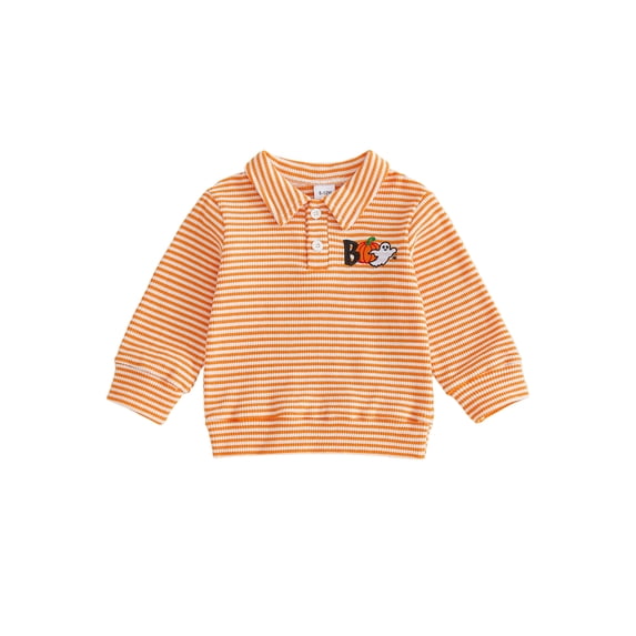 RUINIXCW Toddler Baby Boy Girl Halloween Shirts Outfit Infant Baby Boys Girls Fall Sweatshirt Clothes Pumpkin Grimace Ghost Long Sleeve Waffled Striped Lapel Half Button Pullover Shirt Tops