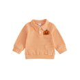 thumbnail image 1 of RUINIXCW Toddler Baby Boy Girl Halloween Shirts Outfit Infant Baby Boys Girls Fall Sweatshirt Clothes Pumpkin Grimace Ghost Long Sleeve Waffled Striped Lapel Half Button Pullover Shirt Tops, 1 of 9