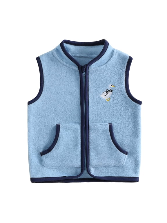 Toddler Baby Boy Girl Thin Fleece Vest Jacket Infant Boy Fall Winter Clothes Zip Up Stand Collar Goose Embroidery Sleeveless Jacket Pocket