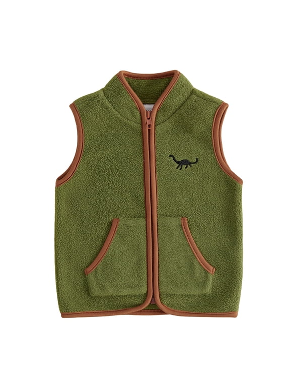 Toddler Baby Boy Girl Thin Fleece Vest Jacket Infant Boy Spring Fall Winter Clothes Zip Collar Dinosaur Embroidery Sleeveless Jacket Pockets