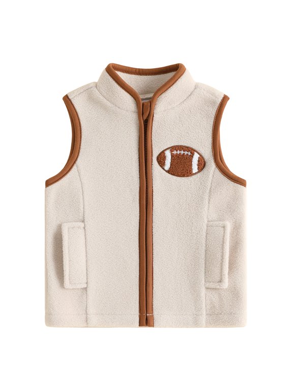 Toddler Baby Boy Girl Thin Fleece Vest Jacket Infant Boy Spring Fall Winter Clothes Zip Collar Football Embroidery Sleeveless Jacket Pocket