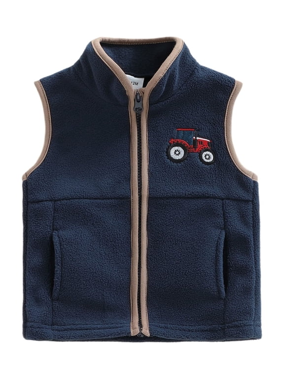 Toddler Baby Boy Girl Thin Fleece Vest Jacket Infant Boy Spring Fall Winter Clothes Zip Stand Collar Tractor Embroidery Sleeveless Jacket Pocket