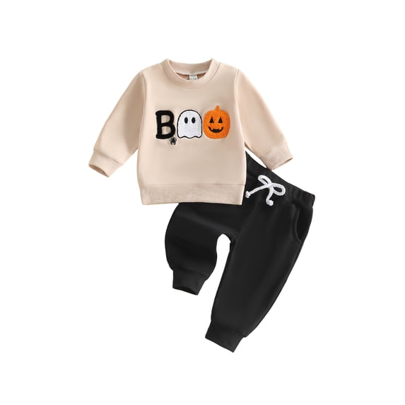 RUINIXCW Toddler Baby Boy Halloween Outfit Infant Baby Boy Fall Winter Clothes Pumpkin Ghost Embroidery Long Sleeve Sweatshirt with Jogger Pants Set