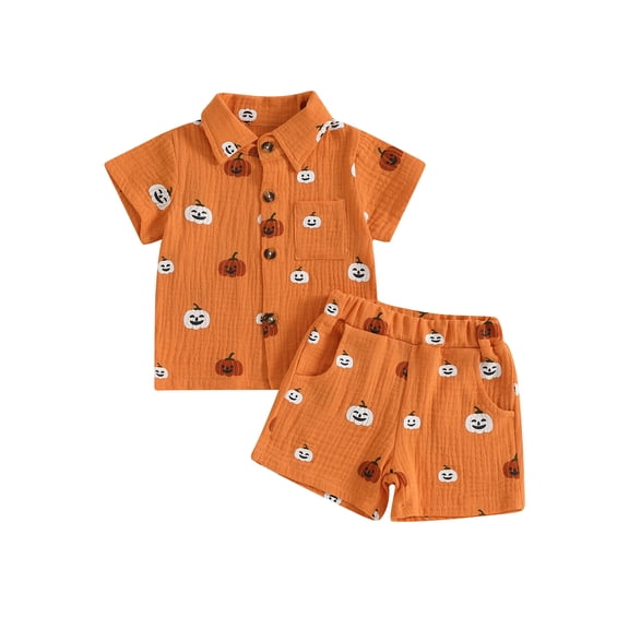 RUINIXCW Toddler Baby Boy Halloween Outfit Infant Boys Summer Fall Clothes Cotton Linen Pumpkin Print Button Down Short Sleeves Shirt and Shorts Set