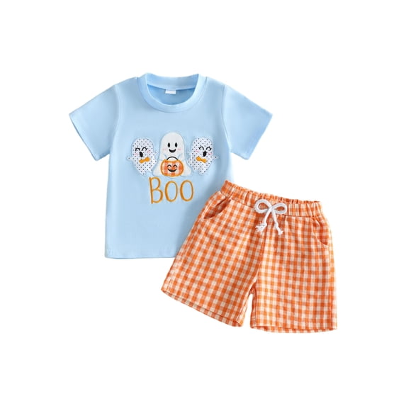 RUINIXCW Toddler Baby Boy Halloween Outfit Infant Boys Summer Fall Clothes Ghost Embroidery Short Sleeve T Shirt and Pockets Plaid Shorts 2Pcs Set