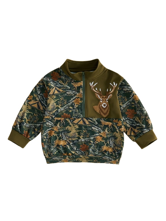 Toddler Baby Boy Hunting Outfit Little Boys Fall Winter Sweatshirt Kids Quarter Zipper Stand Collar Embroidery Camouflage Pullover Shirt Top