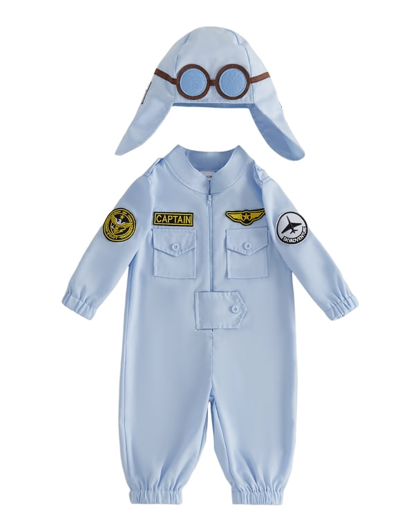 Toddler Baby Boy Pilot Uniform Outfit Infant Baby Boys Halloween Costume Baby Flight Suit Long Sleeve Zipper Jumpsuit Romper with Hat Spring Fall Winter Clothes