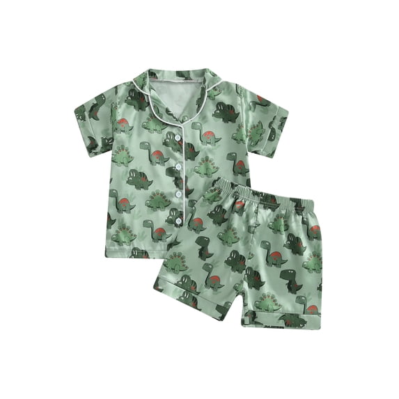 RUINIXCW Toddler Baby Boy Silk Stian Pajamas Set Kids Summer PJS Sets Sleepwear Clothes Dinosaur Print Short Sleeve Button Down Collar Shirts and Shorts Set Loungewear Homewear