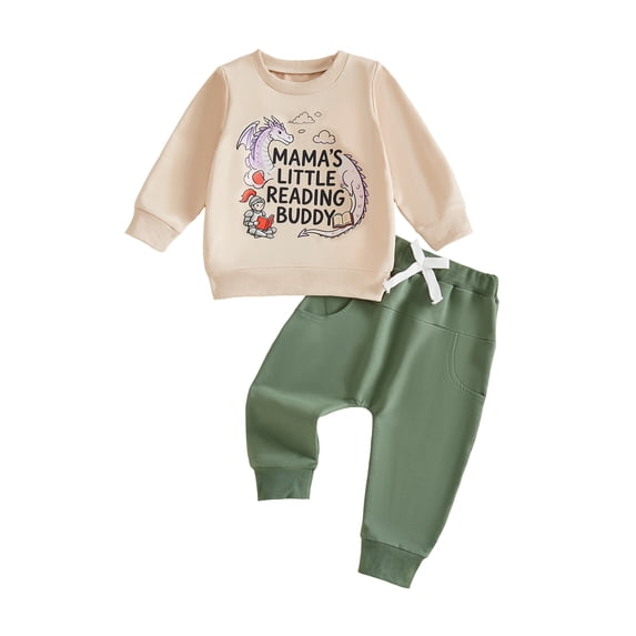 RUINIXCW Toddler Baby Boy Spring Fall Winter Outfit Mama's Little Reading Buddy Letter Dragon Print Long Sleeve Sweatshirt and Jogger Pants Set