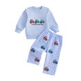 thumbnail image 1 of RUINIXCW Toddler Baby Boy Spring Fall Winter Outfits Infant Baby Boy Clothes Tractors Letter Embroidery Sweatshirt Top and Wide Legs Plaid Pants Set, 1 of 10