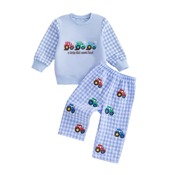RUINIXCW Toddler Baby Boy Spring Fall Winter Outfits Infant Baby Boy Clothes Tractors Letter Embroidery Sweatshirt Top and Wide Legs Plaid Pants Set