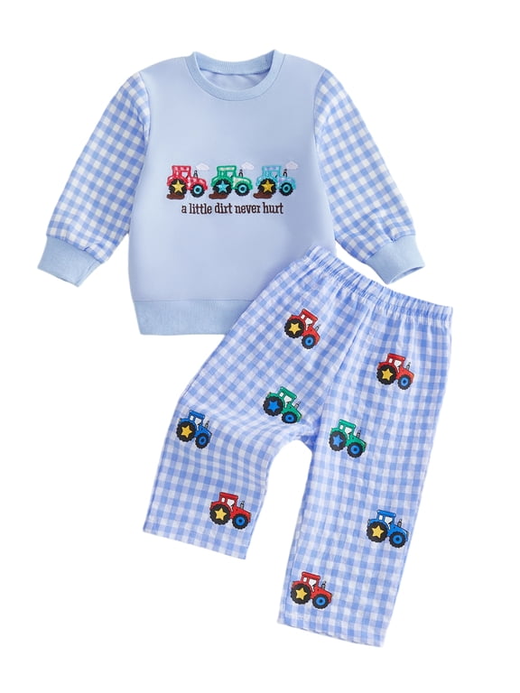Toddler Baby Boy Spring Fall Winter Outfits Infant Baby Boy Clothes Tractors Letter Embroidery Sweatshirt Top and Wide Legs Plaid Pants Set