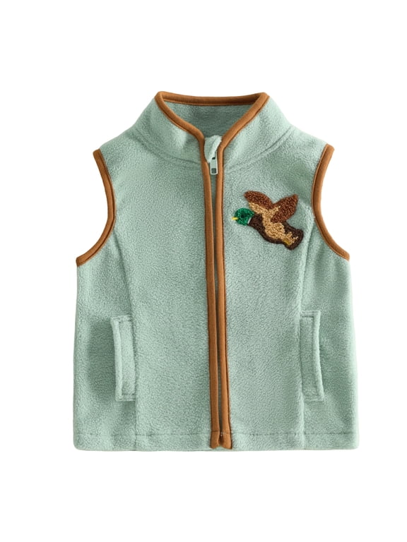 Toddler Baby Boy Thin Fleece Vest Infant Baby Boy Fall Winter Clothes Zip Up Stand Collar Mallard Duck Embroidery Sleeveless Jacket Pocket
