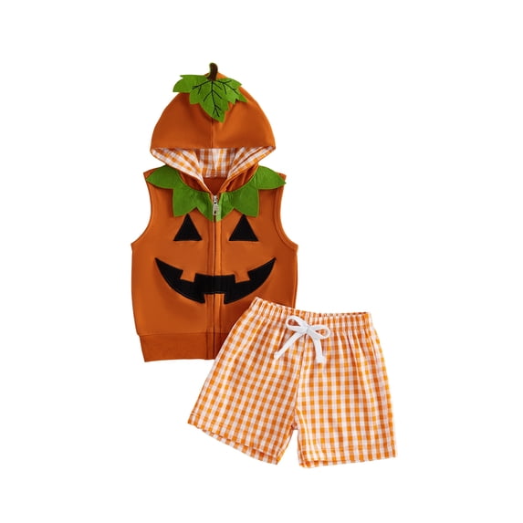 RUINIXCW Toddler Baby Boys Halloween Outfits Adorable Ghost Embroidery Zip Up Hooded Vest and Plaid Shorts Set