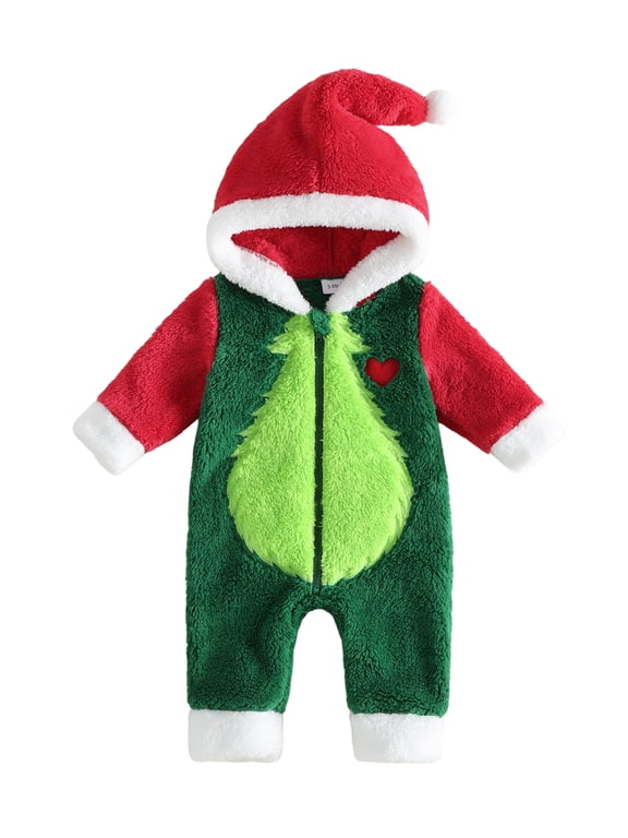 Toddler Baby Christmas Elf Costume Infant Baby Boy Girl Christmas Outfit Fall Winter Plush Romper Warm Snowsuit Long Sleeve Hooded Jumpsuit