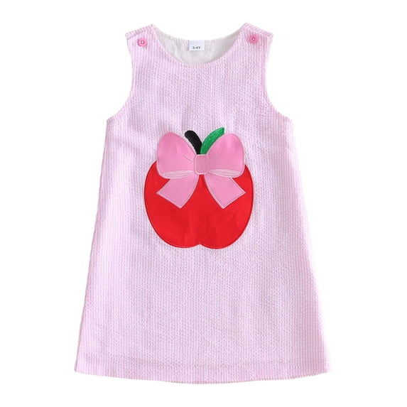 RUINIXCW Toddler Baby Girl Back to School Dress Kids Kindergarten Outfits Little Baby Girl Summer Tank Dress Overalls School Bow Apple Embroidery Sleeveless Striped A Line Dress