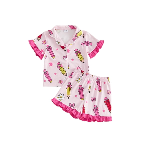 RUINIXCW Toddler Baby Girl Back to School Kids Pajamas Set Summer PJS Set Sleepwear Bow Pencil Printed Short Sleeve Button Down Shirt and Ruffle Shorts Set Homewear Loungewear 1-7 Years