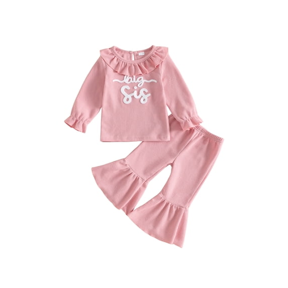 RUINIXCW Toddler Baby Girl Big Sister Outfit Fall Winter Clothes Waffled Pink Ruffled Collar Long Sleeve Shirt Tops with Bell Bottom Flare Pants Set