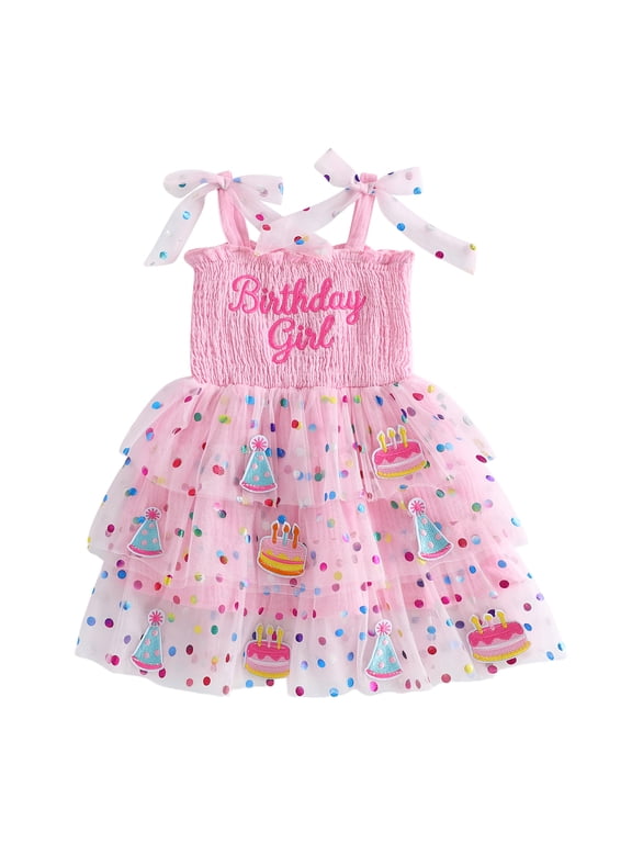 Toddler Baby Girl Birthday Dress Cake Smash Outfit Little Girl Smocked Tulle Tutu Dress Embroidery Tie-Up Sleeveless Princess Party Dress