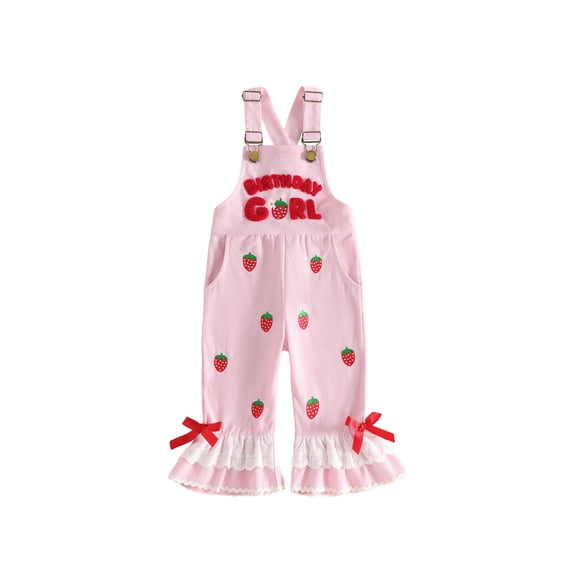 RUINIXCW Toddler Baby Girl Birthday Outfit Adjustable Strap Romper Overalls Cake Smash Outfit 1 2 3 4 5 Years Old Birthday Clothes Goose Strawberry Flare Pants Jumpsuit