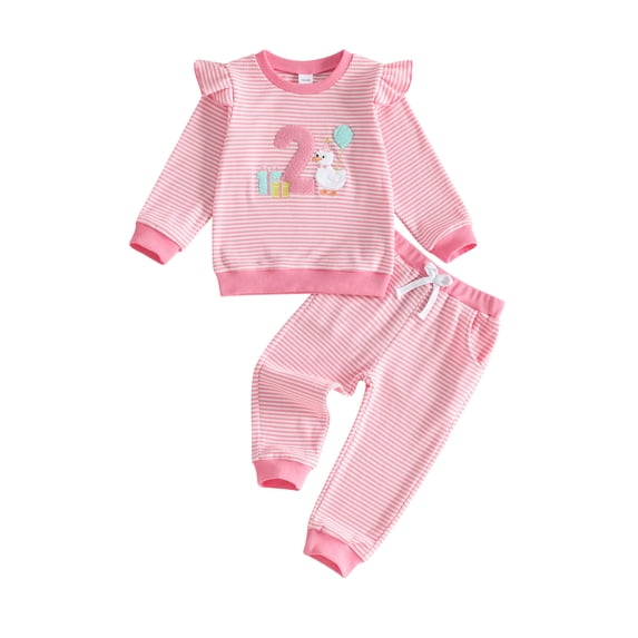 RUINIXCW Toddler Baby Girl Second Birthday Outfit Infant Girl Spring Fall Winter Clothes Duck Waffled Striped Long Sleeve Sweatshirt Tops and Pants Set