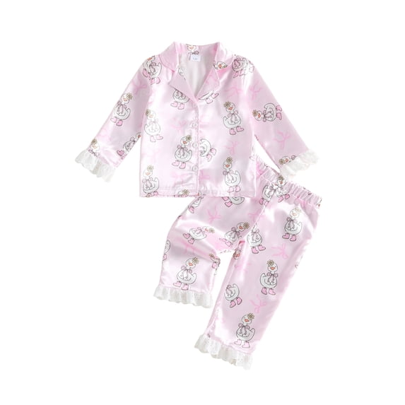 RUINIXCW Toddler Baby Girl Birthday Silk Stain Pajamas Set Kids PJS Sleepwear Goose Cake Print Lapel Button Down Long Sleeve Shirt Tops and Pants Set