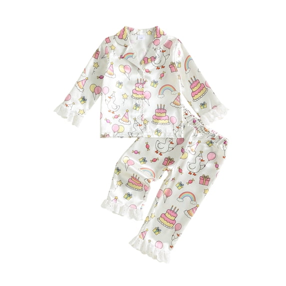 RUINIXCW Toddler Baby Girl Birthday Silk Stain Pajamas Set Kids PJS Sleepwear Goose Cake Print Lapel Button Down Long Sleeve Shirt Tops and Pants Set