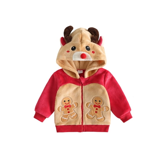 RUINIXCW Toddler Baby Girl Boy Christmas Reindeer Jacket Outfit Infant Fall Winter Xmas Clothes Plush Long Sleeve Zip Embroidery Hoodie Coat Outwear