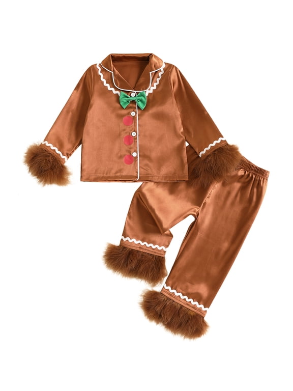 Toddler Baby Girl Boy Christmas Silk Satin Pajama Set Big Girls Boys Gingerbread PJS Fall Winter Button Down Long Sleeve Shirt Pants Set