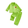 thumbnail image 1 of RUINIXCW Toddler Baby Girl Boy Christmas Silk Satin Pajamas Set Kids PJS Set Sleepwear Heart Print Long Sleeve Collar Button Down Shirt And Pants Set, 1 of 10