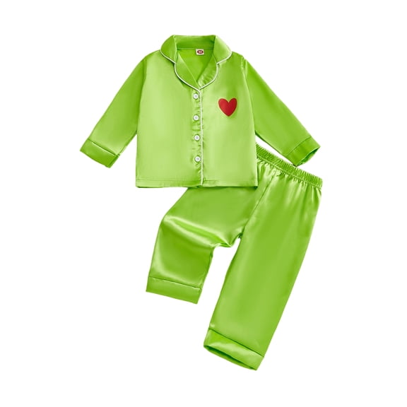 RUINIXCW Toddler Baby Girl Boy Christmas Silk Satin Pajamas Set Kids PJS Set Sleepwear Heart Print Long Sleeve Collar Button Down Shirt And Pants Set