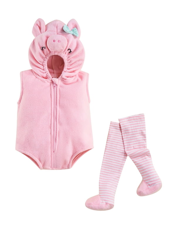 Toddler Baby Girl Boy Halloween Pig Costume Newborn Infant Fall Winter Cosplay Outfit Warm Fleece Sleeveless Hooded Zip Romper Stockings Set