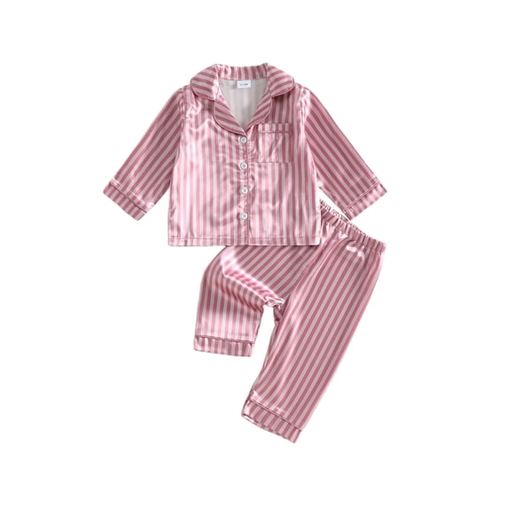 RUINIXCW Toddler Baby Girl Boy Silk Satin Pajamas Set Kids Spring Fall Winter PJS Set Sleepwear Striped Button Down Collar Long Sleeve Shirt Tops and Pants Set Loungewear Homewear