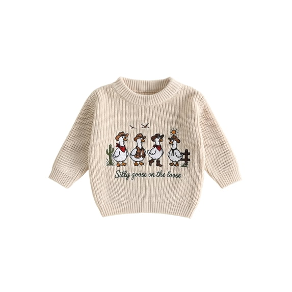 RUINIXCW Toddler Baby Girl Boy Silly Goose Sweater Outfit Newborn Infant Fall Winter Knit Sweaters Kids Goose Embroidery Long Sleeve Jumper Pullovers