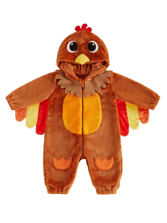 Toddler Baby Girl Boy Thanksgiving Turkey Costume Kids Halloween Costume Infant Baby Boy Girl Fall Winter Clothes Warm Flannel Romper Long Sleeve Hooded Zip Up Jumpsuit