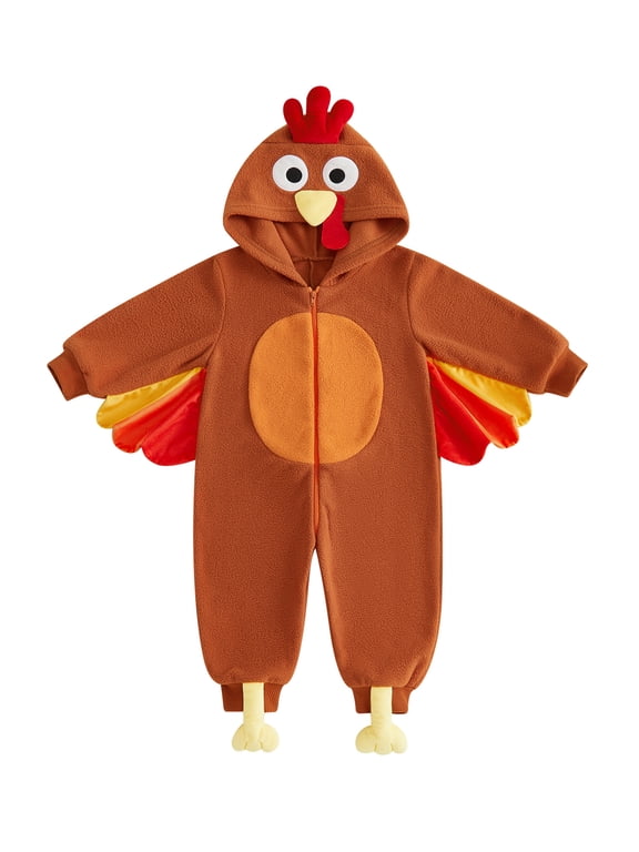 Toddler Baby Girl Boy Thanksgiving Turkey Costume Kids Halloween Costume Infant Baby Boy Girl Fall Winter Clothes Warm Fleece Romper Long Sleeve Hooded Zip Up Jumpsuit