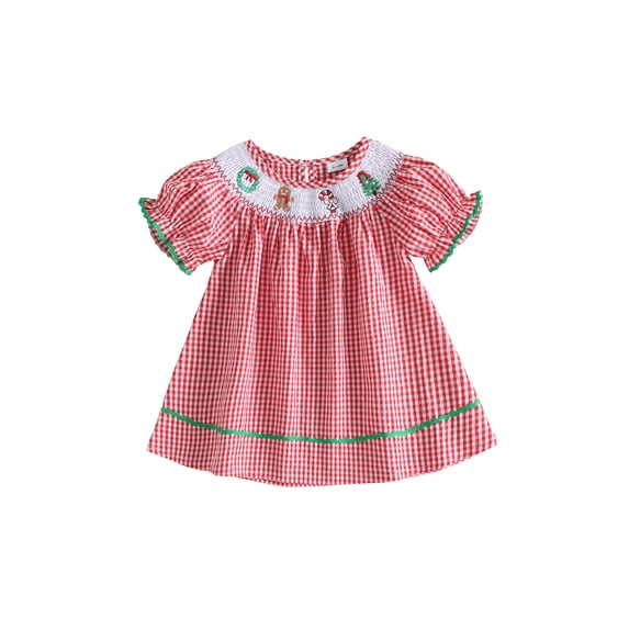 RUINIXCW Toddler Baby Girl Christmas Dress Infant Girls Xmas Party Holiday Dress Cute Embroidery Short Sleeve Smocked Gingham Plaid Princess Dress