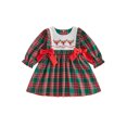 thumbnail image 1 of RUINIXCW Toddler Baby Girl Christmas Dress Outfit Infant Baby Girl Fall Winter Giangham Plaid Dress Clothes Cute Santa Tree Deer Embroidery Long Sleeve Ruffled Dress, 1 of 9