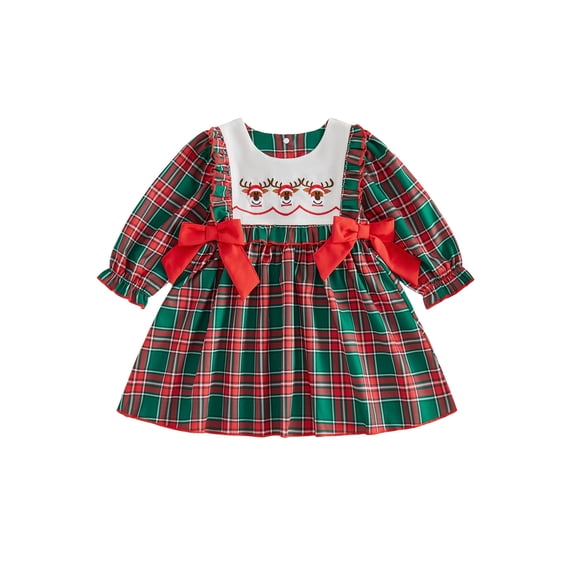 RUINIXCW Toddler Baby Girl Christmas Dress Outfit Infant Baby Girl Fall Winter Giangham Plaid Dress Clothes Cute Santa Tree Deer Embroidery Long Sleeve Ruffled Dress
