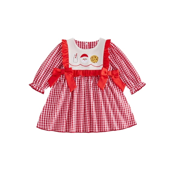 RUINIXCW Toddler Baby Girl Christmas Dress Outfit Infant Baby Girl Fall Winter Giangham Plaid Dress Clothes Cute Santa Tree Deer Embroidery Long Sleeve Ruffled Dress