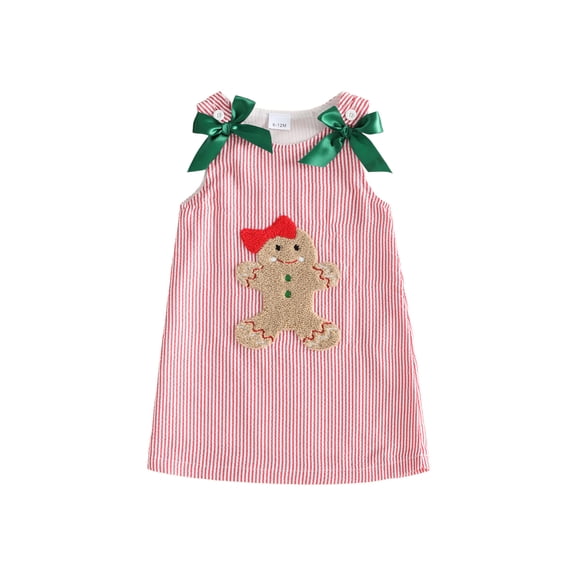 RUINIXCW Toddler Baby Girl Christmas Dress Outfit Infant Baby Girls Fall Tank Dress Overalls Cute Santa Gingerbread Embroidery Sleeveless Striped Dress with Bows