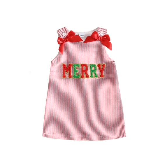 RUINIXCW Toddler Baby Girl Christmas Dress Outfit Infant Baby Girls Fall Tank Dress Overalls Cute Santa Gingerbread Embroidery Sleeveless Striped Dress with Bows