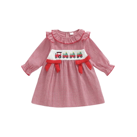 RUINIXCW Toddler Baby Girl Christmas Dress Outfit Infant Girl Fall Winter Xmas Clothes Plaid Tree Train Embroidery Long Sleeve Ruffled Collar Dress
