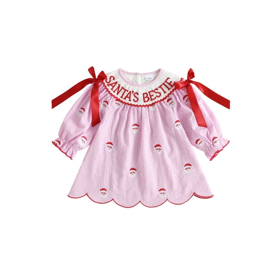 RUINIXCW Toddler Baby Girl Christmas Dress Outfit Infant Girl Fall Winter Xmas Clothes Santa Besite Embroidery Long Sleeve Scallop Trim Striped Dress
